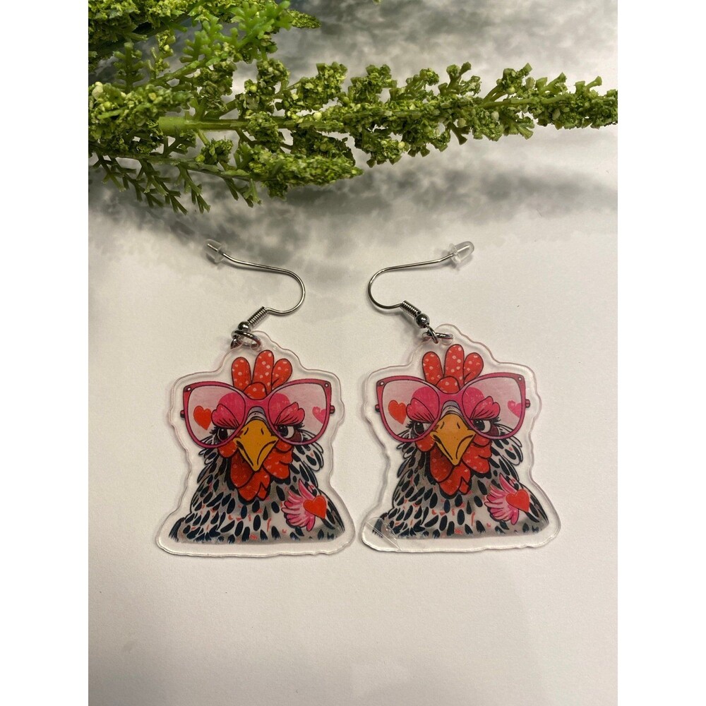 Earrings Chicken Rooster Wearing Glasses‎ Whimsical Bird Dangle Jewelry Cartoon - Picture 2 of 4